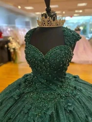 Customized Emerald Green Quinceanera Dresses V Neck Flower Beaded Puffy Skirt Vestido 15 16 Anos Birthday Party Prom Gown 2024