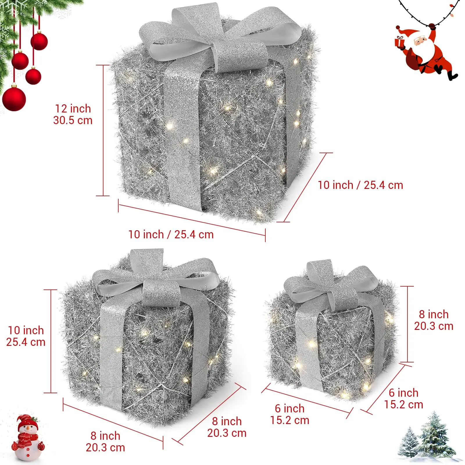 Lighted Gift Box Set of 3,Christmas Decoration Boxes with Bow, Pre-Lit Present Boxes with Warm Lights,Yard Christmas Decorations