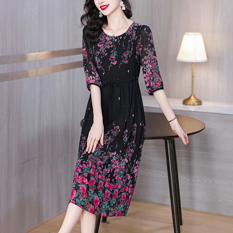 2024 Vintage Black Floral Silk Luxury Midi Dress Women Elegant Bodycon Prom Dress Summer Korean Fashion Party Evening Vestidos