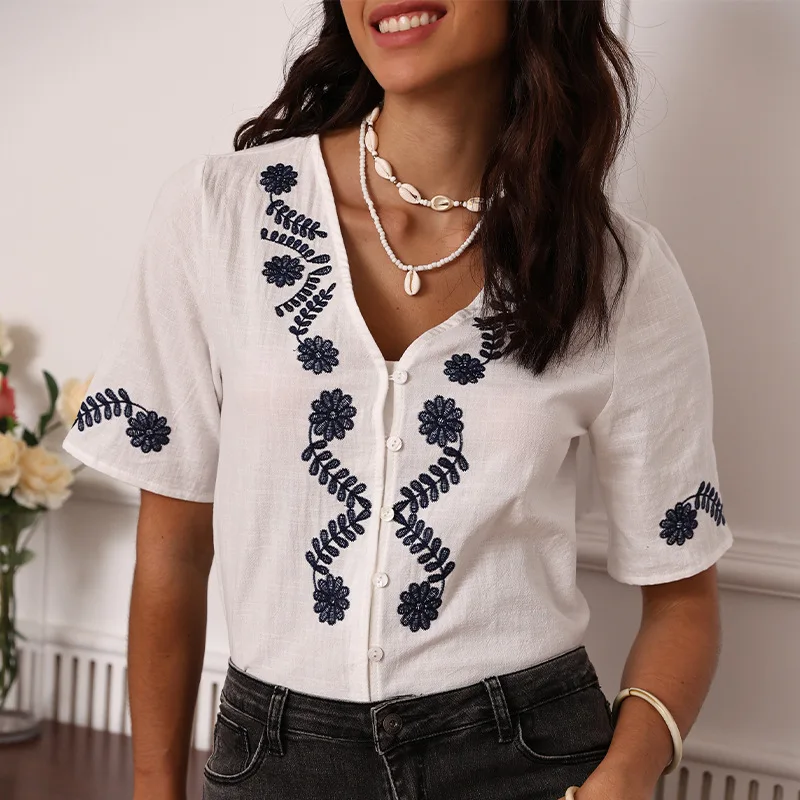 

2025 Summer Style Heavy Embroidery Shirt Women's Short Sleeve V-Neck Casual Top Bohemian Beach Shirt