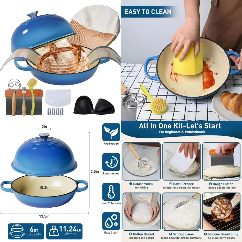 

6-Quart Cast Iron Dutch Oven with Lid, Proofing Basket, Silicone Sling, and Dough Whisk for Baking Sourdough and Frying