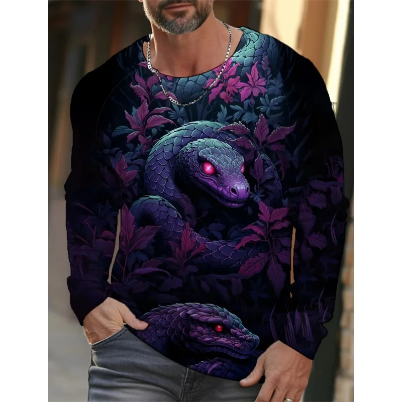Golden Snake Flower Pattern T-Shirt For Men Cool Animal 3D Printed T Shirts Autumn Casual Loose Round Neck Tops Tees Long Sleeve