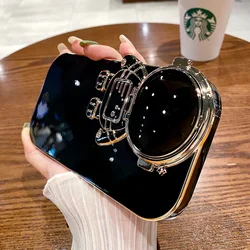 Cute Cartoon Astronaut Glitter Case For iPhone 14 13 12 15 16 Pro Max Plus 11 Bracket Gradient Plating Stand Transparent Cover