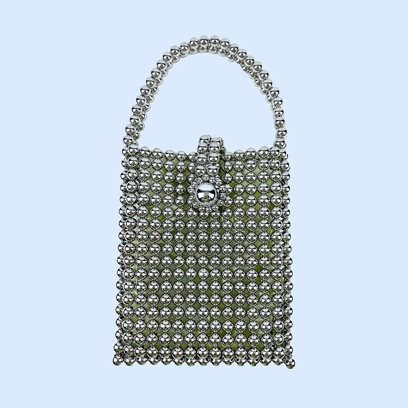 2024 New Simple and Versatile Beaded Bag Metal Retro Square Small Bag Handheld Mobile Phone Bag Handwoven Bag