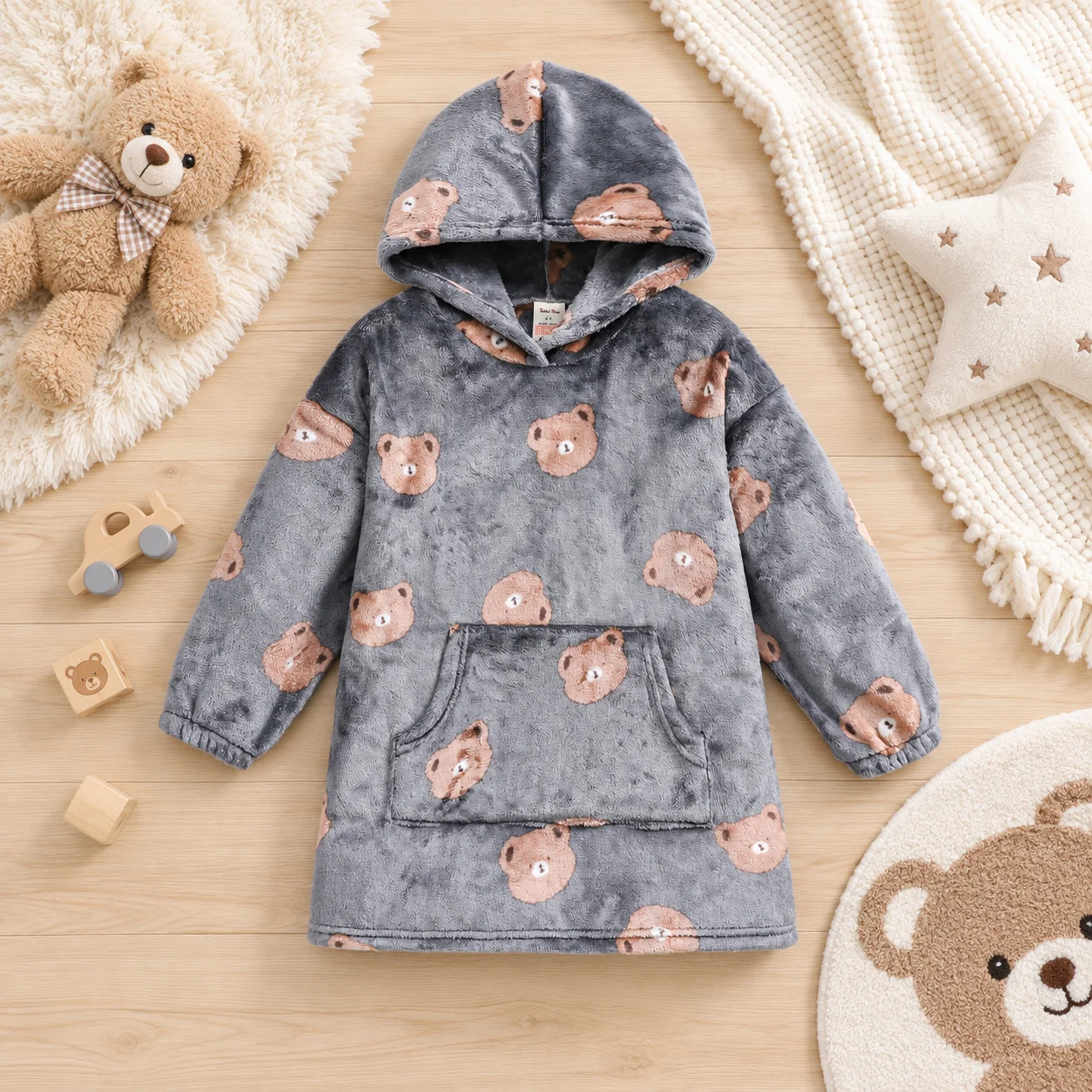 Kids Hooded Flannel Robe Bear Dinosaur Print Toddler Boys  Warm Fleece Sleepwear Cozy Winter Loungewear with Front Pocket