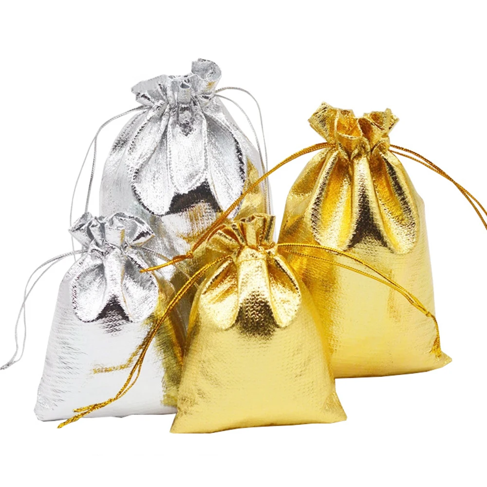 50pcs Jewelry Packing Fabric Bag Gold Color Foil Cloth Drawstring Gift Packaging Bags 7x9cm 9x12cm Wedding Gift Storage Pouches