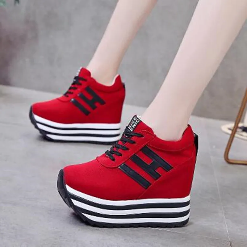 2024 Women Sneakers Fashion Women 10CM Height Increasing Breathable Lace-Up Wedges Sneakers Platform Canvas Woman Casual Shoes