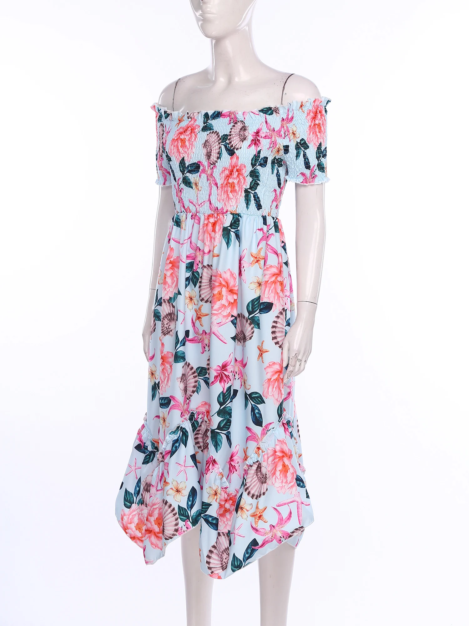 Vestidos florais femininos fora do ombro bainha irregular boho vestido casual praia férias festa vestido de verão feminino roupões de cintura alta