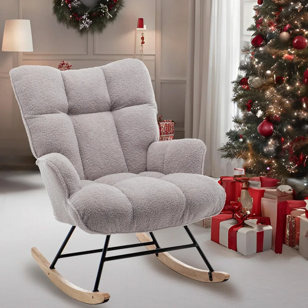 

Adult indoor small space soft cushioned plush gliding rocking chair, comfortable in living room, bedroom, and classroom