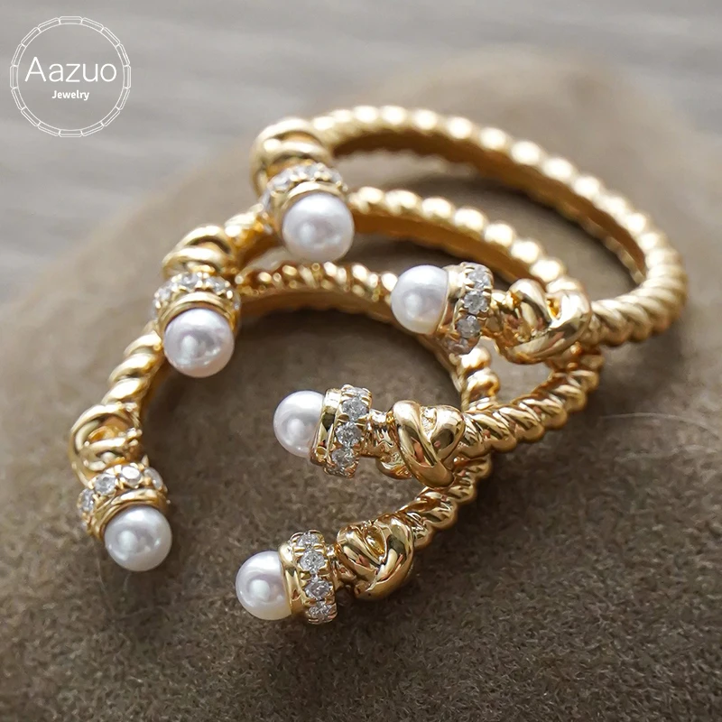 

Aazuo Fine Jewely Real 18K Yellow Gold Natrual Diamonds Vintage Fairy OL Akoya pearl Open Rings Gift For Woman Birthday Party