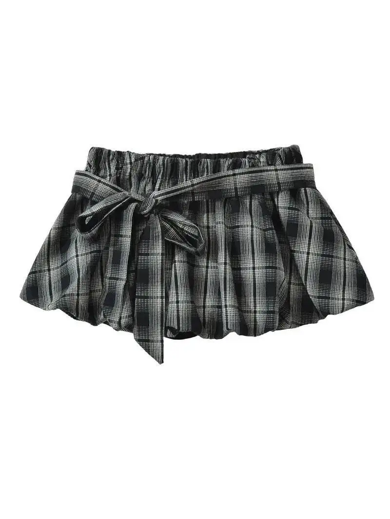 Kawaii Plaid/Dots Print Backless Halter Crop Camis Tops + Low Waist Bubble Mini Skirt Vintage 2 Piece Set Women Y2k Outfits PMB9