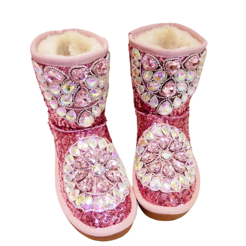 Winter new hand diamond-encrusted gemstone sequin tube flat warm women\'s boots cotton shoes fur one snow boots35-44