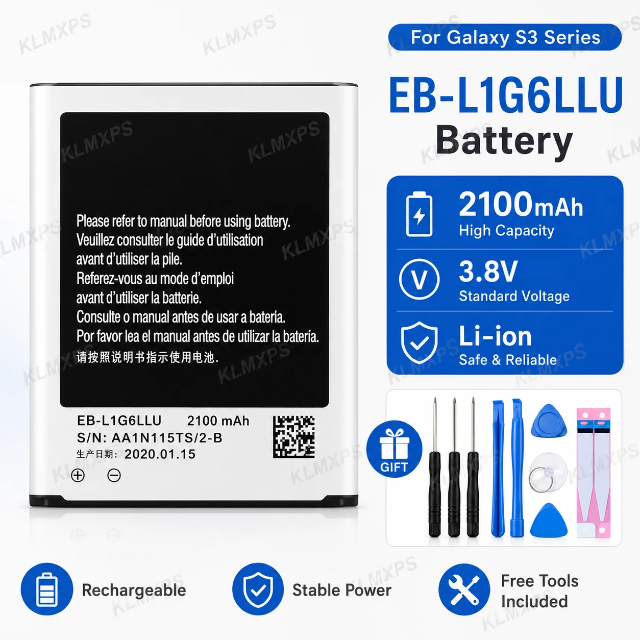 

EB-L1G6LLU 2100mAh 3.8V Rechargeable Replacement Battery For Galaxy S3 i9300 GT-I9300 With Tools