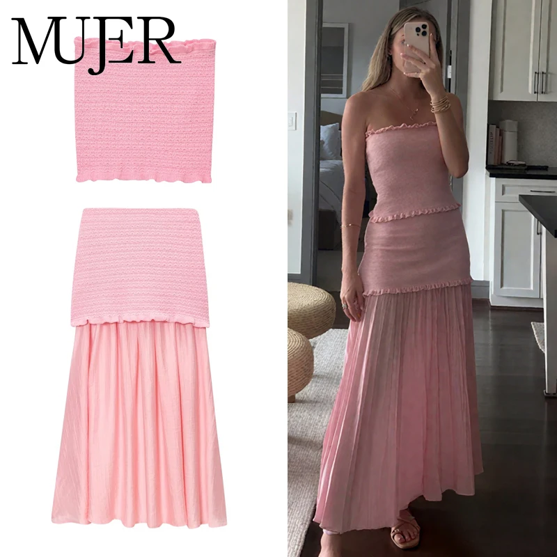 MUJER Rosa Strickrock-Set, 2-teilig, plissiert, lange Röcke für Damen, schulterfrei, Rüschenoberteil, Damenröcke-Set, Sommer-Outfit