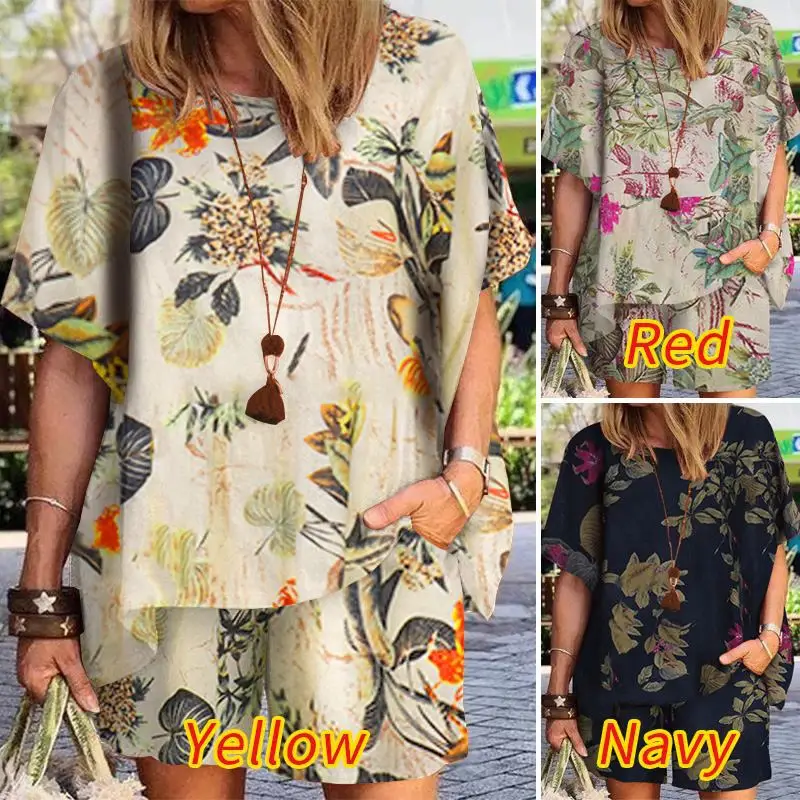 Fashion Vintage Flower Print Short Sets Women Casual Loose Short Sleeves T Shirt Shorts Two Piece Set Lady Summer Commuting Suit