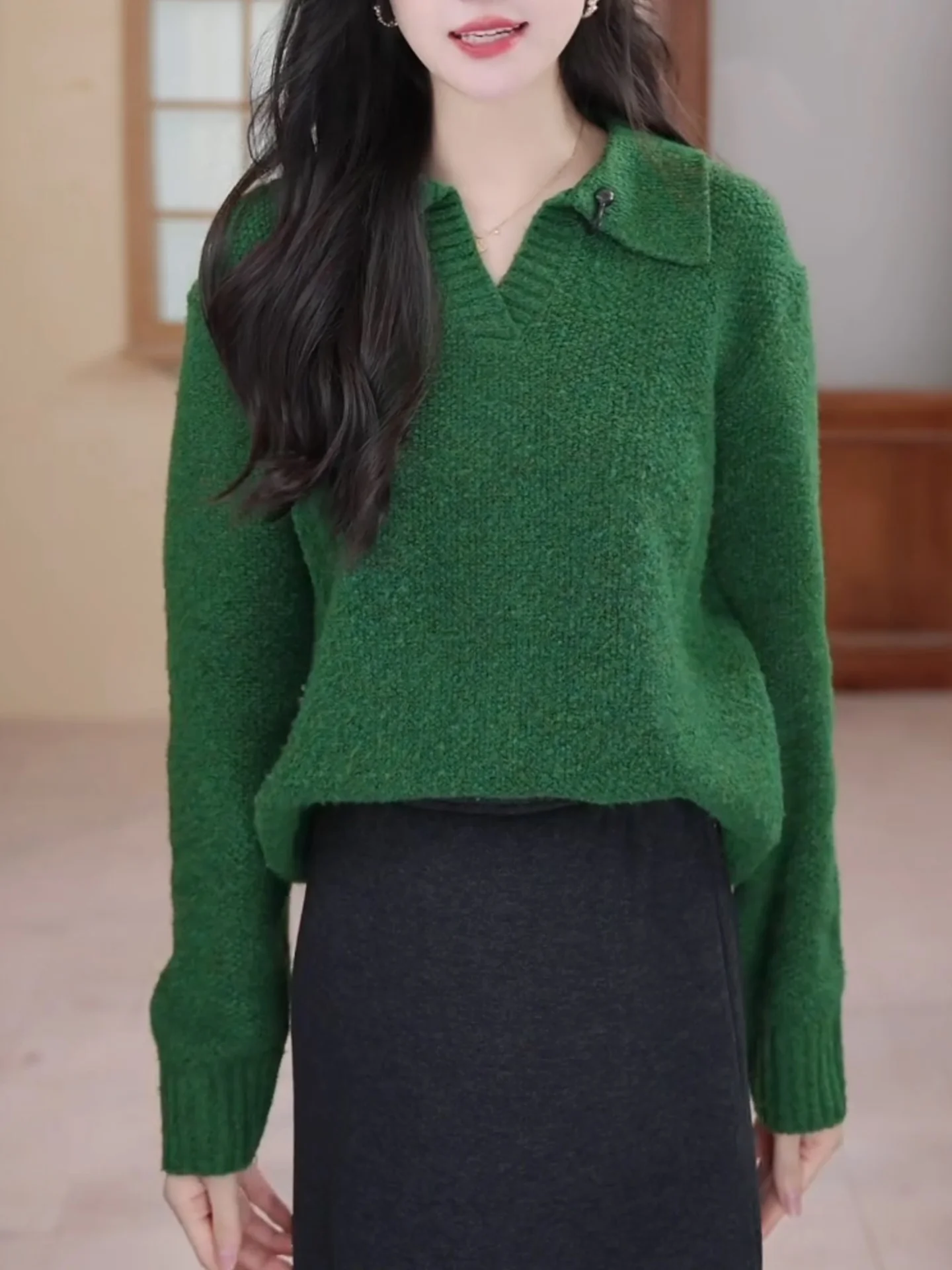 

Olive een Knitted Long Sve Collared Women's Base irt 2025 Versatile White Enhancing Korean Sle Loose Fit Camere