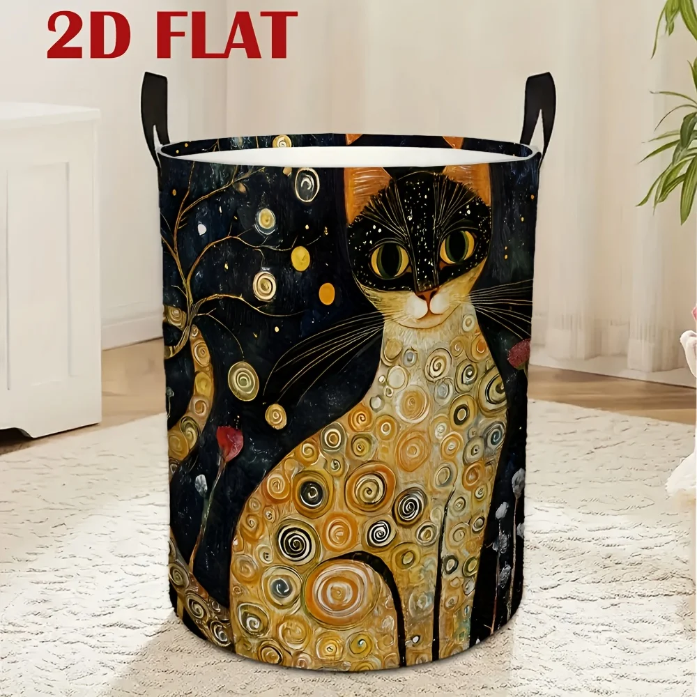 

Роскошная круглая корзина для белья с узором «Черная кошка», из прочного полиэстера, с ручками, подходит для одежды и различных предметов.
