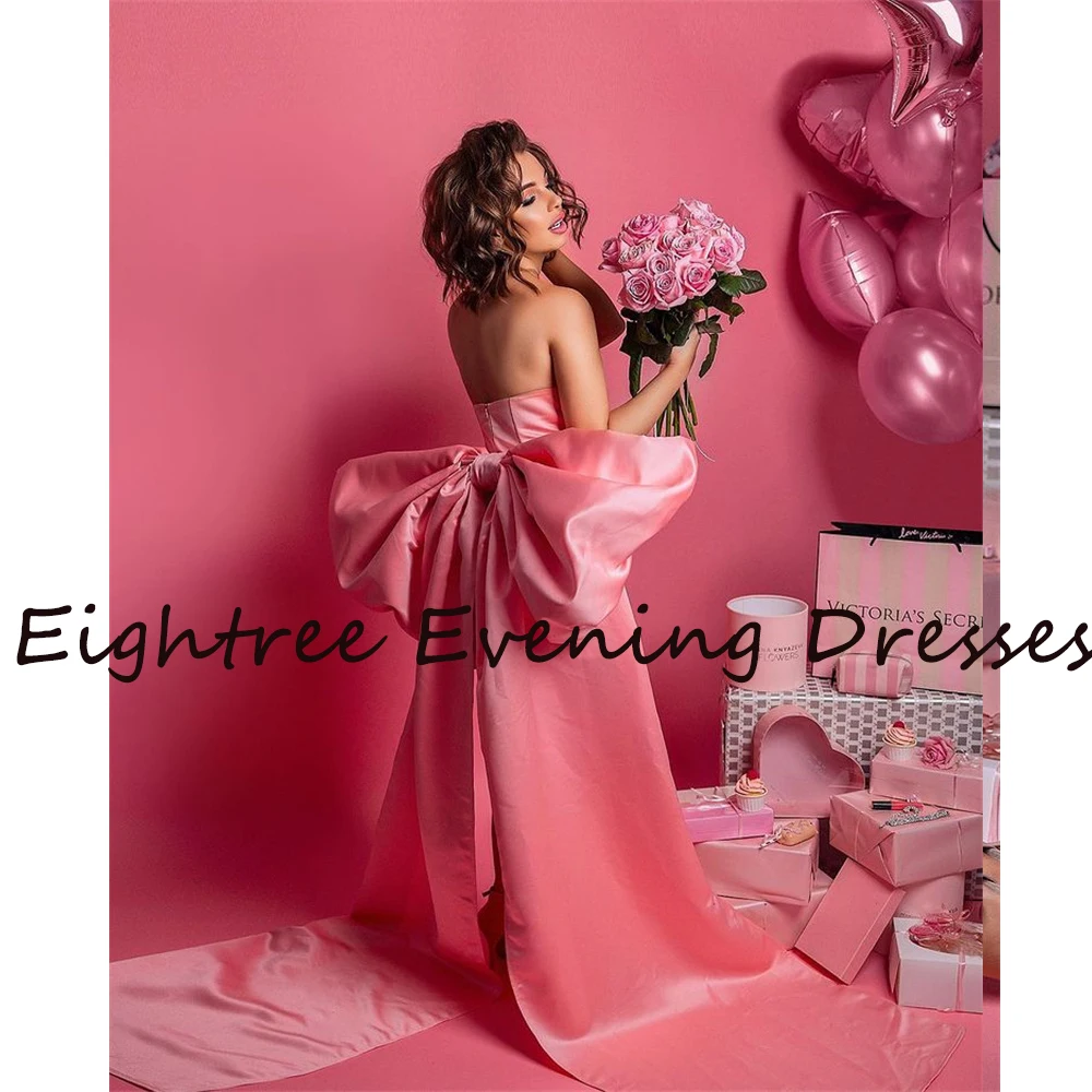 Eightree Sweet Peach Pink Short Evening Dresses Short Sleeves Bow Arabic Formal Night Dress Party Gowns Vestidos de festa