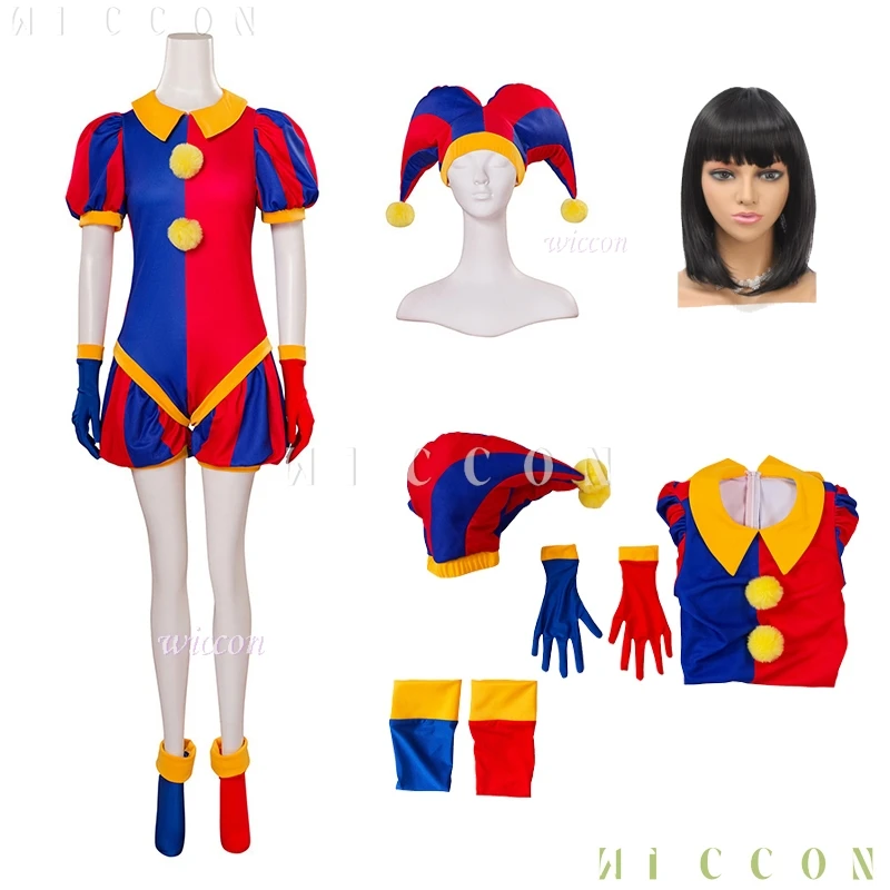 Disfraz de payaso de circo para Halloween, peluca, ropa bonita de Pommni, sombrero, disfraz, ropa de fiesta de Carnaval para adultos