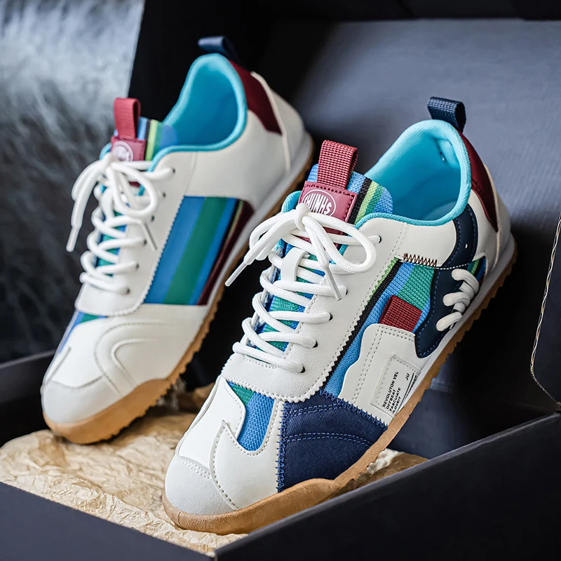 Men's Fashionable Versatile Retro Sneakers with Color-Blocking, Breathable Mesh Upper, Soft Sole, Casual Jogging Shoes, Lightweight Trendy Striped Patchwork Sports Sneakers, Suitable for Everyday Street Wear