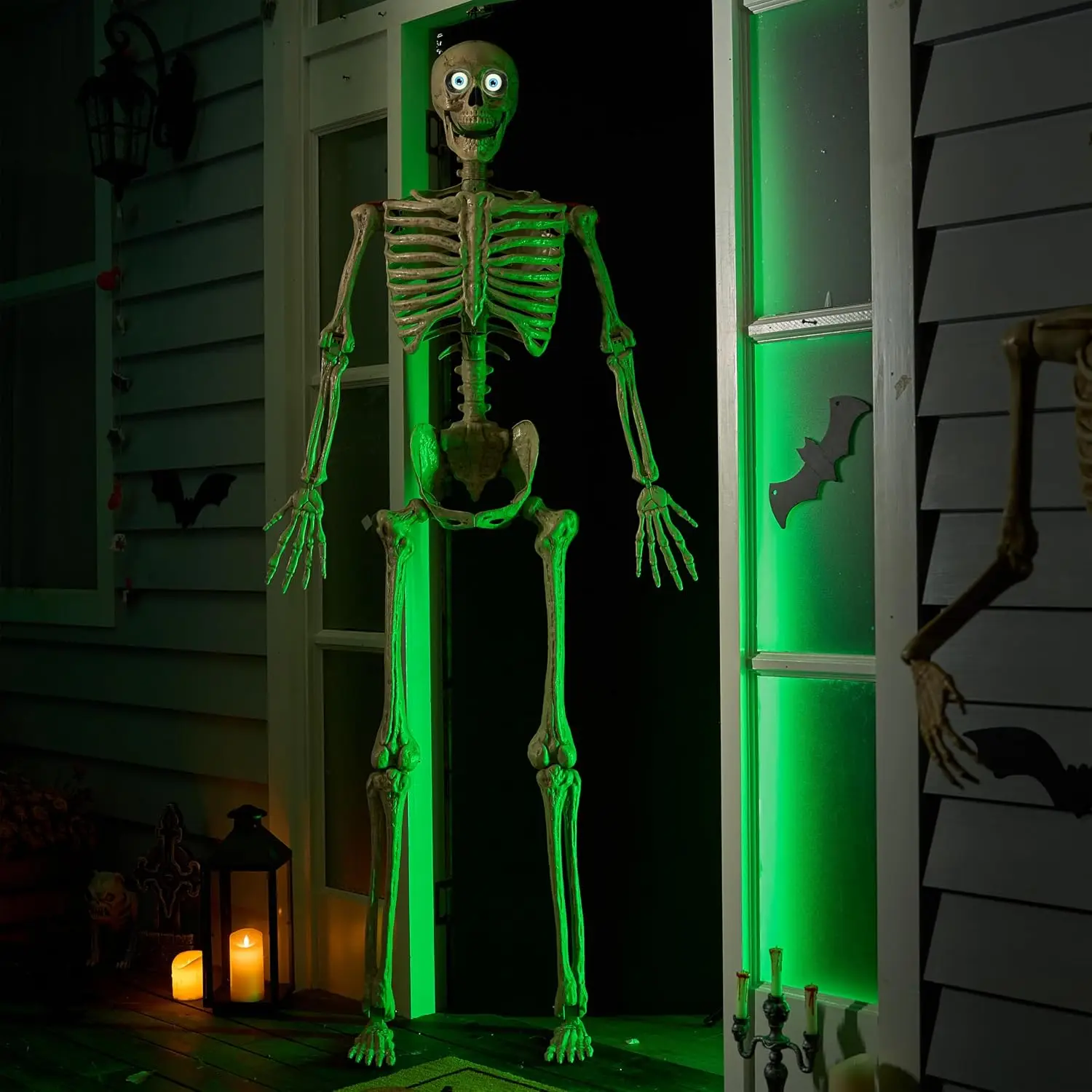 Life Size 6.9FT Halloween Posable Skeleton, Full Body Bones with Movable Joints, Voice Sensing Blinking Eyes & Moving Jaw