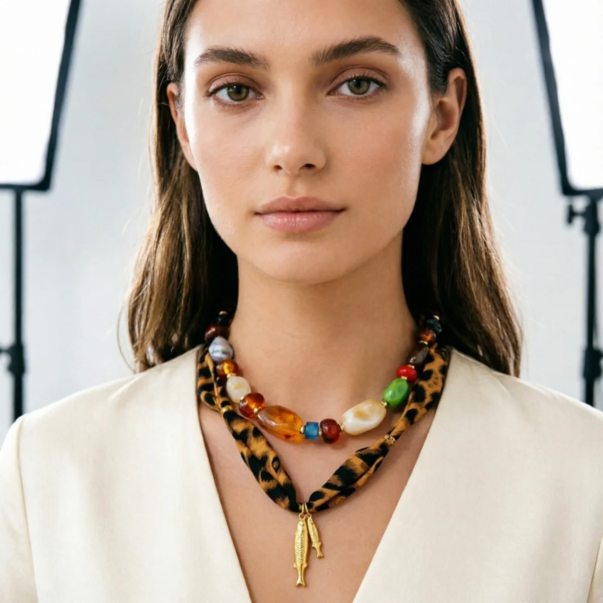 Leopardenmuster-Schalband-Halskette mit Acrylperlen und Edelstahl-Fischanhänger für Damen, Maillard Unregelmäßiger Perlen-Choker-Schmuck – Detail 16