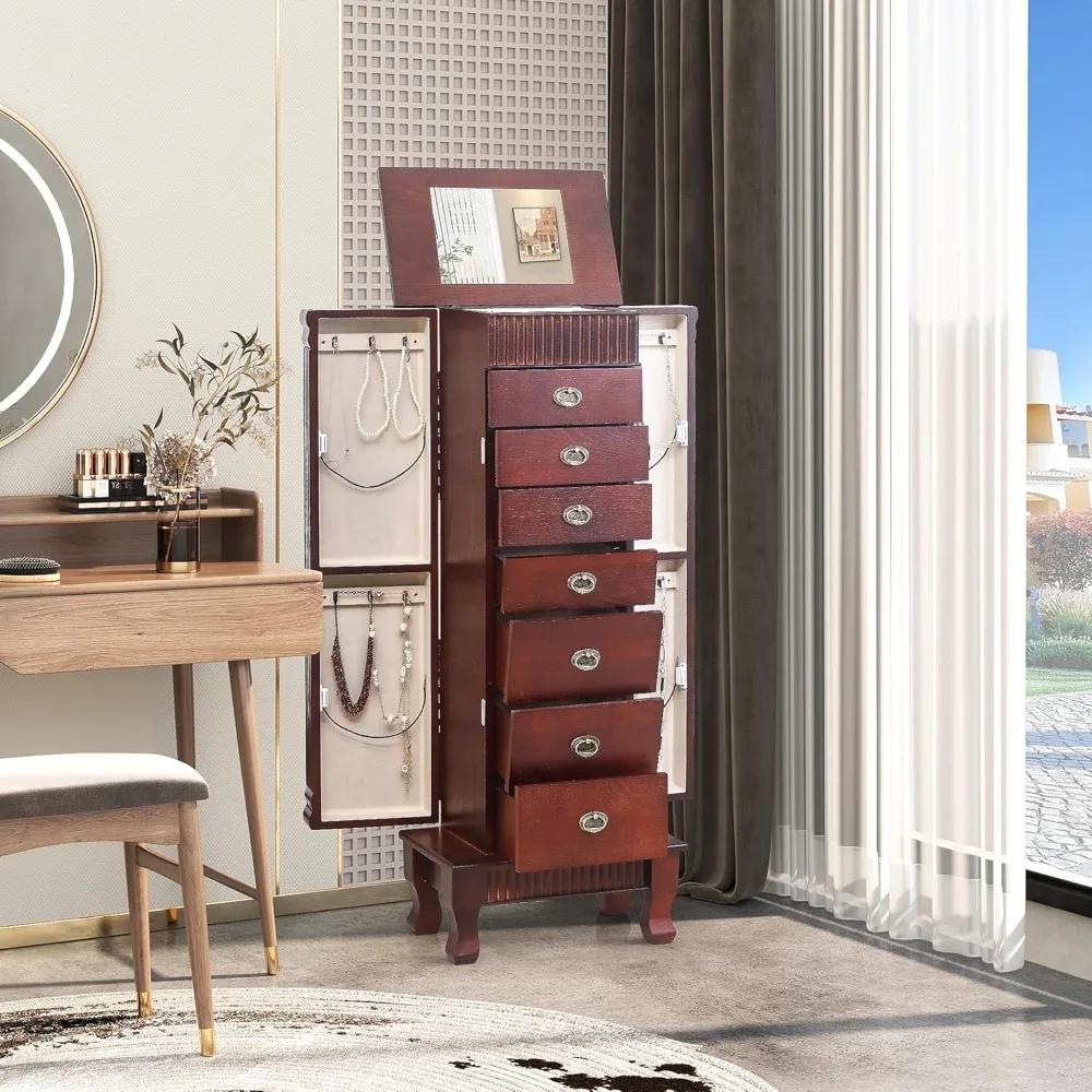 7 Drawers Standing Jewelry Cabinet Armoire, Jewelry Organizer with Top Flip Mirror, Stand Jewelry Box with 2 Side Swing Doors