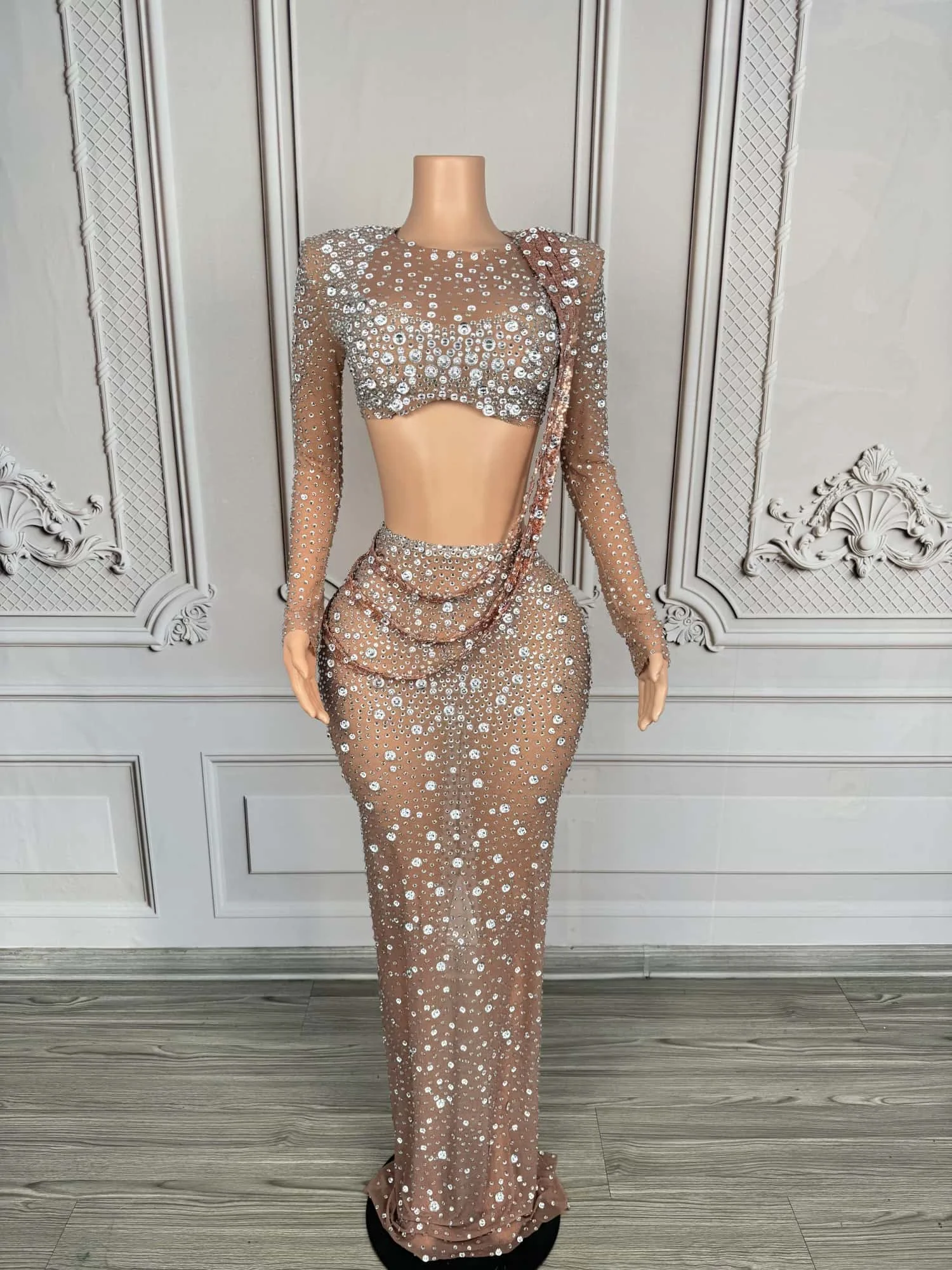Xingchen Luxury Silver Rhinestone Sheer Mesh Two Piece Set Long Sleeve Crop Top Maxi Skirt Bodycon Evening Party Prom Gown