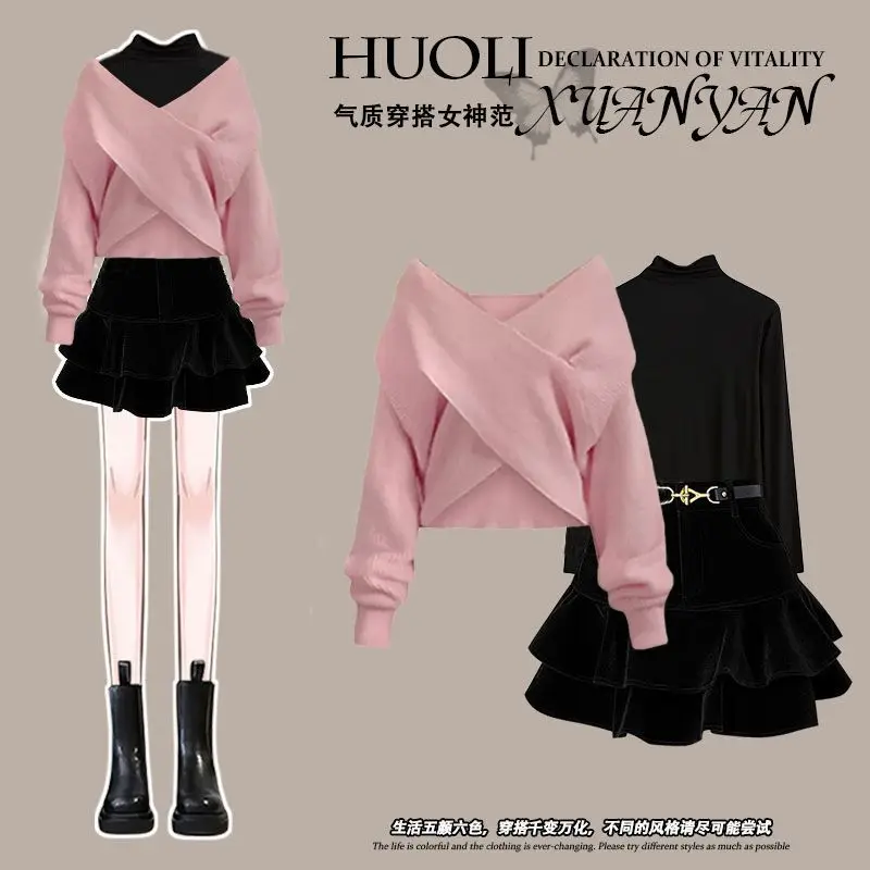 Large size women's autumn and winter set 2024 new fashion sweater slimming base shirt half skirt three piece set trendy
