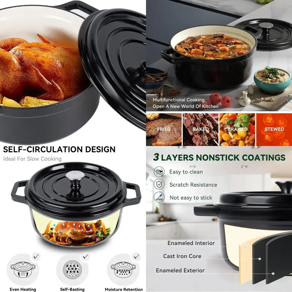 

Enameled 6.5 Qt Cast Iron Dutch Oven with Lid, Dual Handles, Non-stick Coating for Baking & Cooking