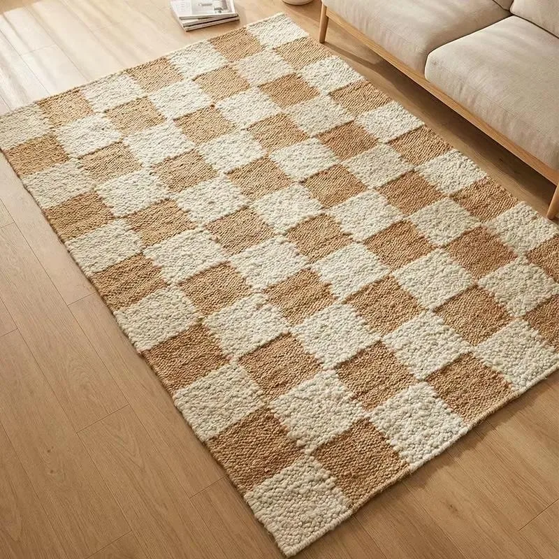 Natural Jute Wool Blend Lattice Carpet Hand Woven Beige Farmhouse Floor Mat for Living Room Bedroom Entrance