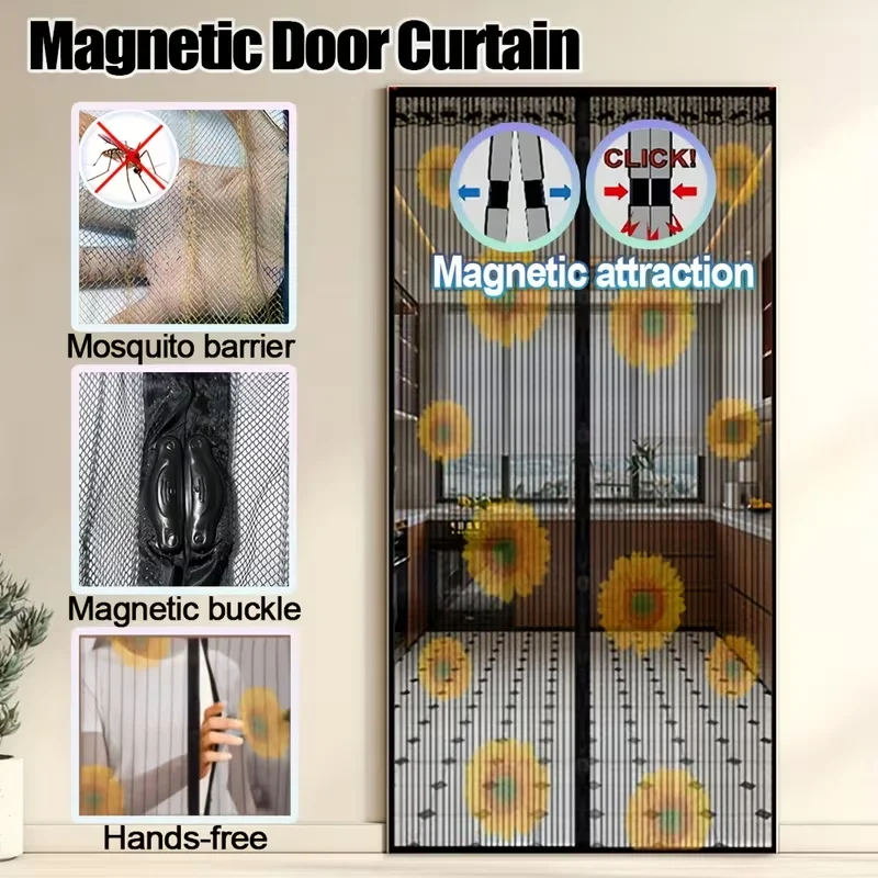 Puerta de pantalla magnética de verano: mosquitera magnética impresa con girasol de cierre automático, barrera de insectos de poliéster duradera