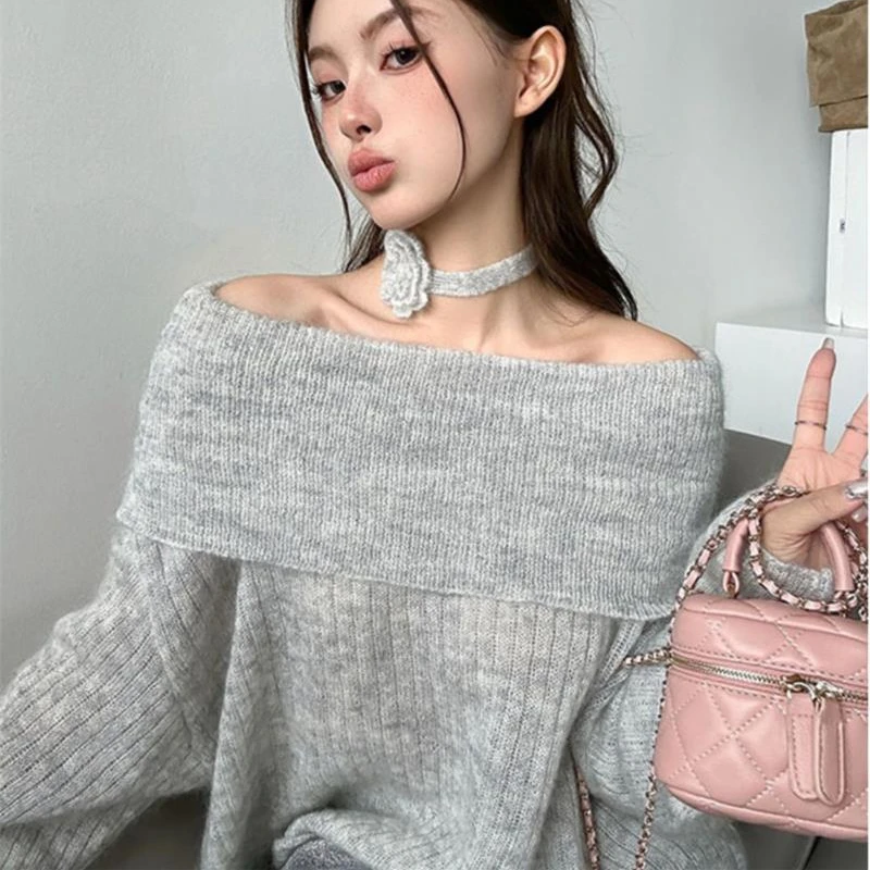 

2024 Autumn Winter Sexy One-shoulder Knitted Sweater Women Fashion Long Sleeve Strapless Christmas Knitwear Pullover Tops