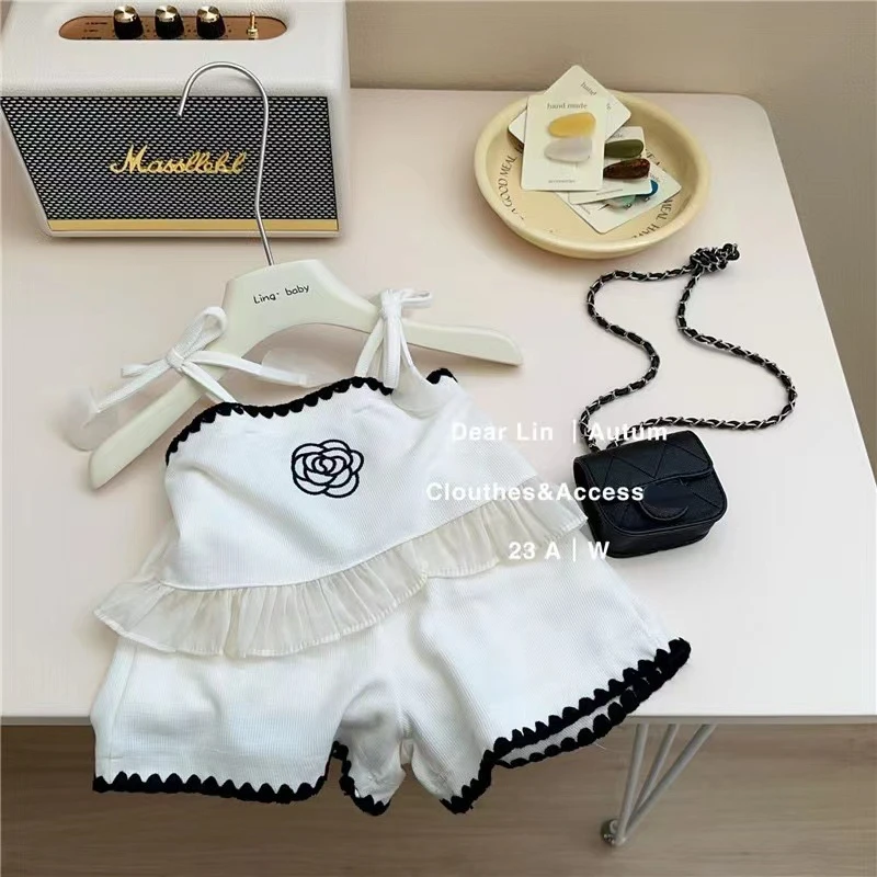 Korea Kids Clothes Girls Cute Embroidered Flower Fashion Summer Suit Baby Girls Princess Sling + Shorts 2-piece Outfit Set