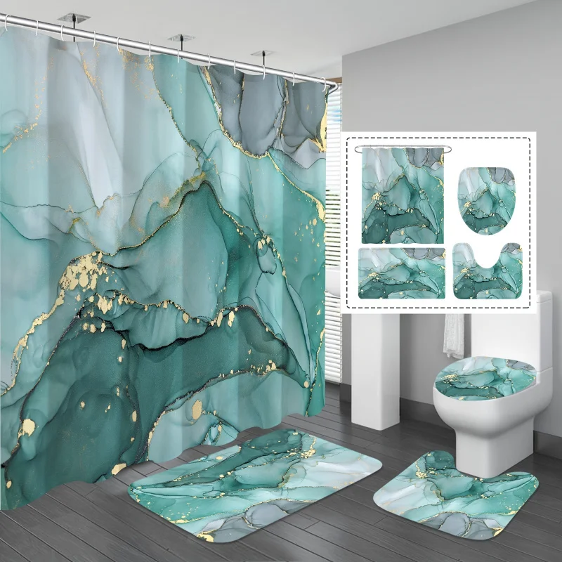 1/4pcs Luxurious Teal Marble Pattern Shower Curtain Set - Complete Waterproof Bath Ensemble with Non-slip Mats, 12 Hooks include