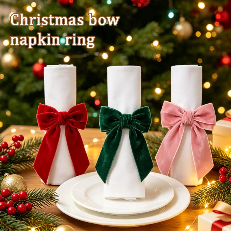 1-24PCS Christmas Bow Napkin Holders Velvet Napkin Rings Holiday Table Setting Decor Dinner Party Wedding Home Supplies