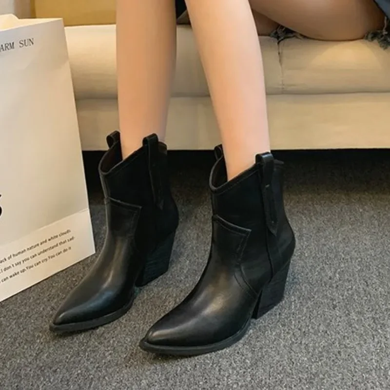 

2024 Classic Western Boots for Woman Cow Suede Pointed Toe Wedges Heel Ankle Boots Simple Comfortable Cowboy Boots Female