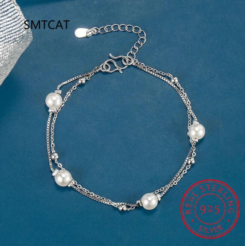 Luxury 925 Sterling Silver Double Layer Freshwater Pearl Beads Chain Bracelet for Women Valentine's Day Jewelry DA2493