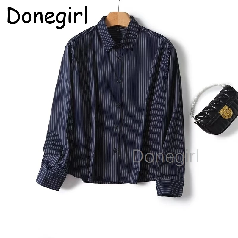 Women Blouses Minimalist Retro Deep Blue Striped Long Sleeved Shirt  Office Strip Shirt Women Tops 2024 Autumn Blouse Ladies