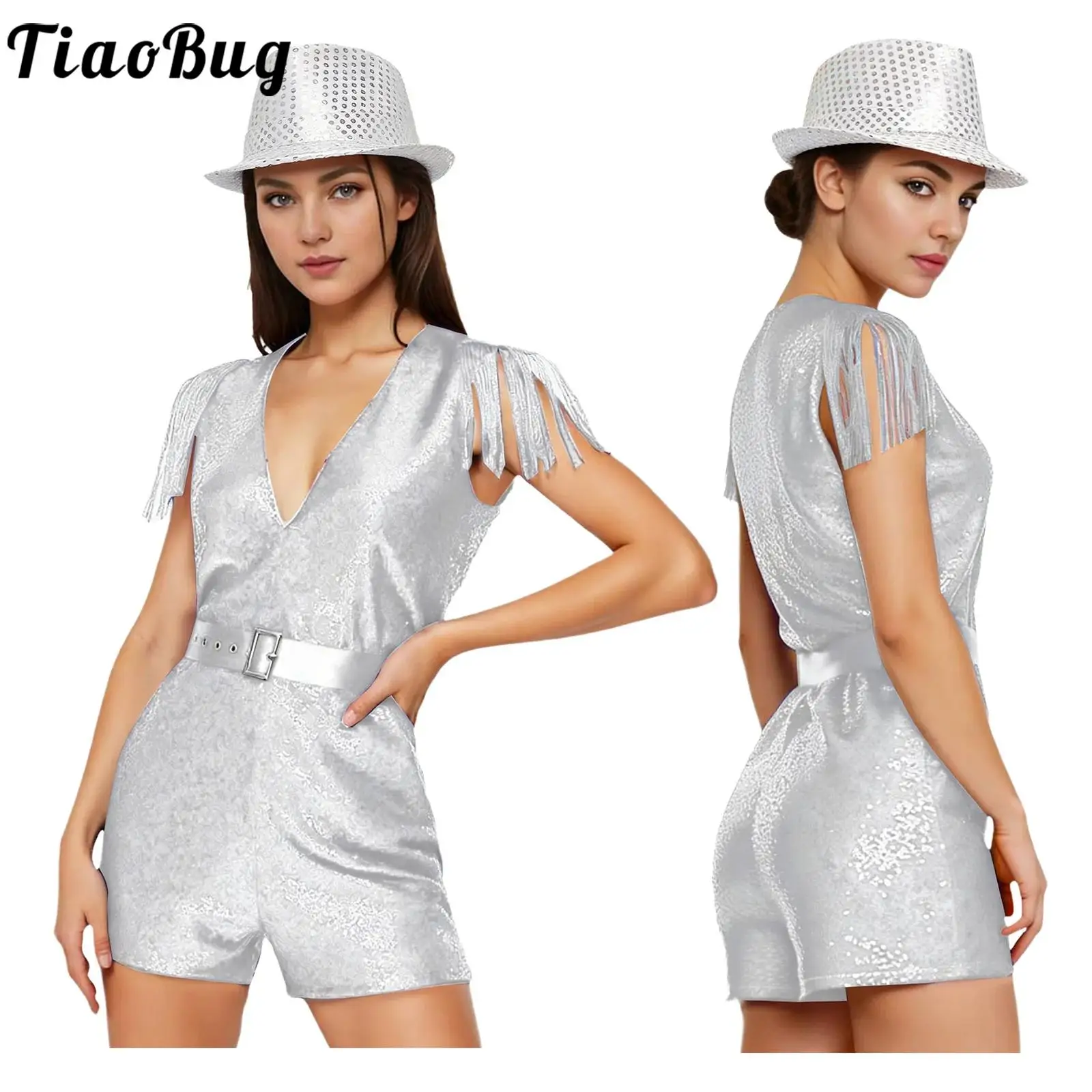 

Женский модный комбинезон с пайетками для джаза, вальса, танго, вечеринок, клубных танцев, с поясом и шляпой, для Хэллоуина, униформа для выступлений фокусника