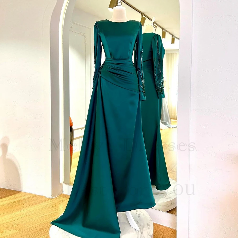 

Fashiom Scoop Green Evening Dresses for Ladies 2023 Beading Real Picture Full Sleeve Prom Gowsn Satin Vestido De Noche Summer