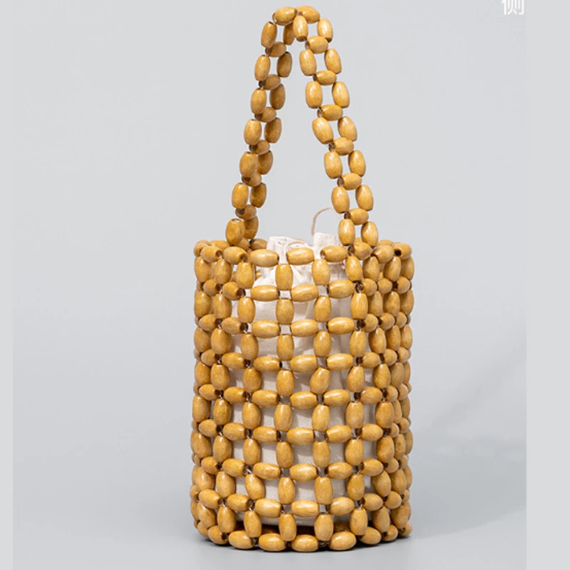 Simple Design Handmade Woven Women Bag Fashion Bucket Bag High-quality Wooden Bead Women Handbag