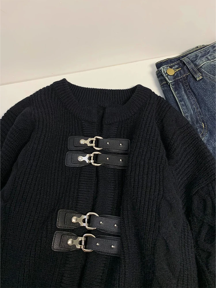 Women Black Gothic Cardigan Knitted Sweater Harajuku Korean 90s Y2k Long Sleeves Jumper Sweaters Vintage Emo 2000s Clothes 2023