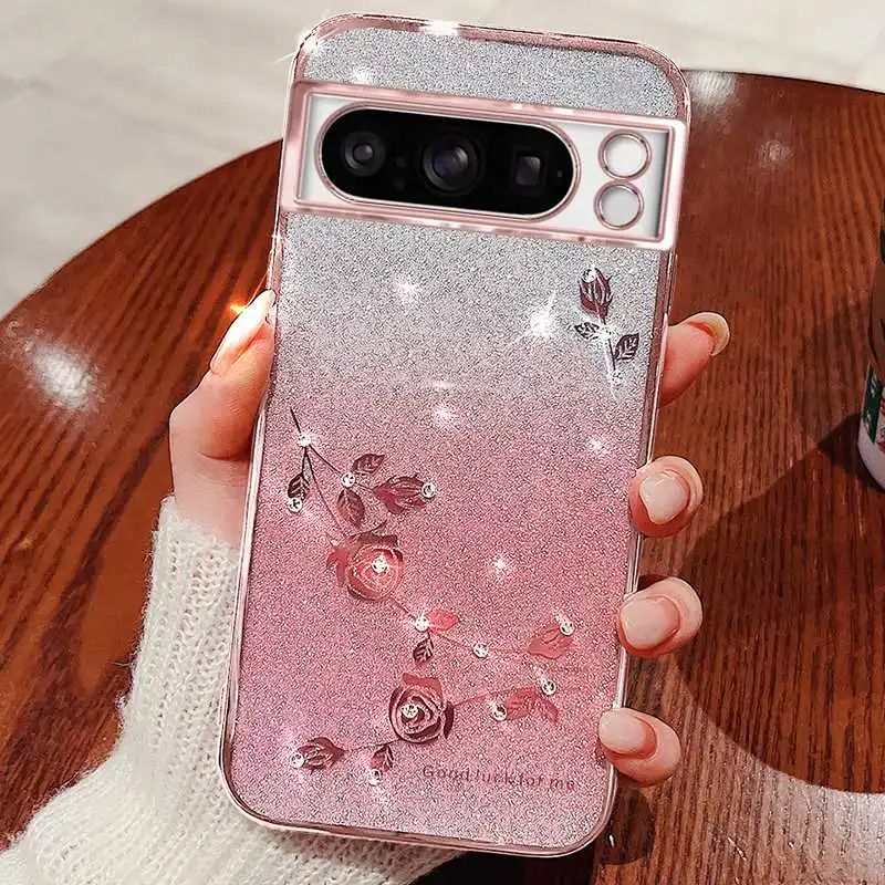 Floral Rhinestone Bling Soft Case For Google Pixel 8 Pro 7 7a 6a 6 Preserved Flower Pattern Phone Case With Ring Stand Holder