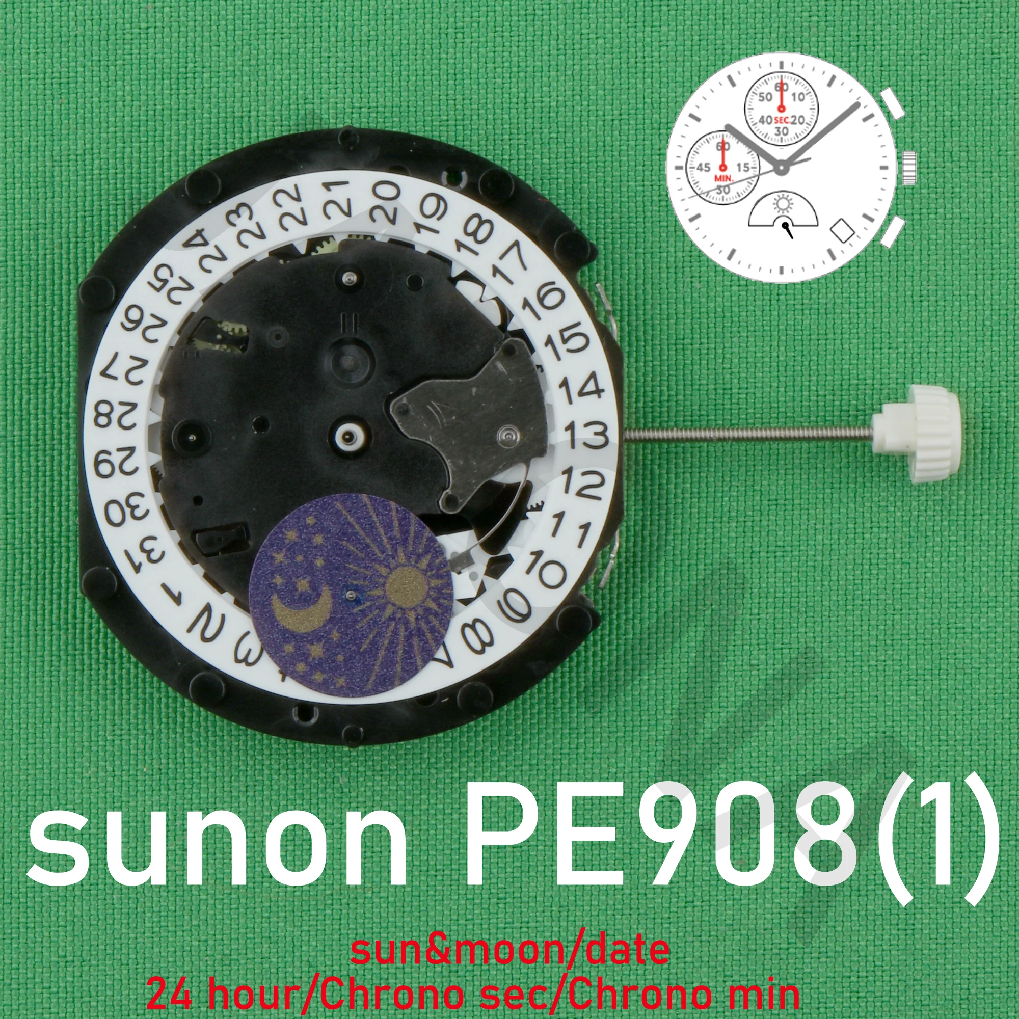 PE908(1) movement sunon PE90 movement watch Ligne Quartz Movement Three Hands with 3Eyes＆Date Small Chrono Sec＆ Min,24Hour PE908