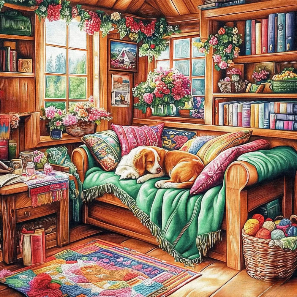 Oil Painting By Numbers Cozy Cottage Sleeping Spaniel Dog On Sofa on Canvas Wall Decoration for Living Room Handmade Hobby Gift