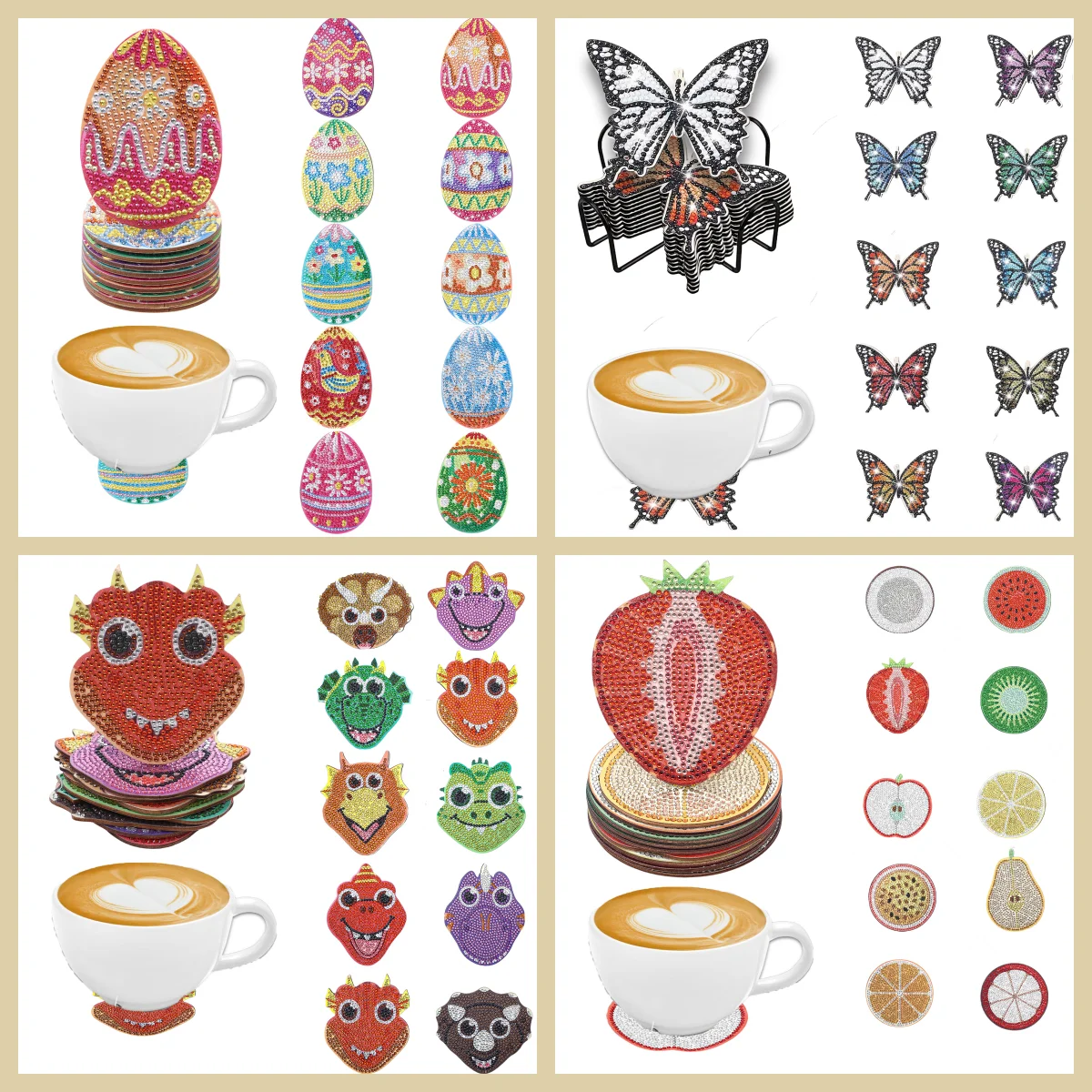 10 DIY Cartoon/Tiermuster Diamant-Malerei Untersetzer-Set, Rutschfeste Holzuntersetzer, Wohnzimmer, Küche