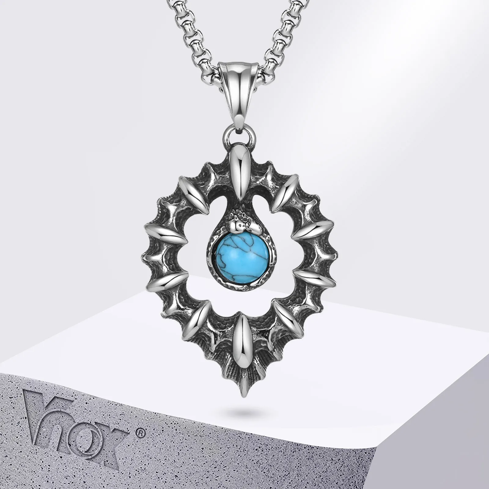 Vnox Cool Men Stainless Steel Blue Natural Stone Vintage Pendant Necklace, Stainless Steel Pendant with Stone Inlaid Collar