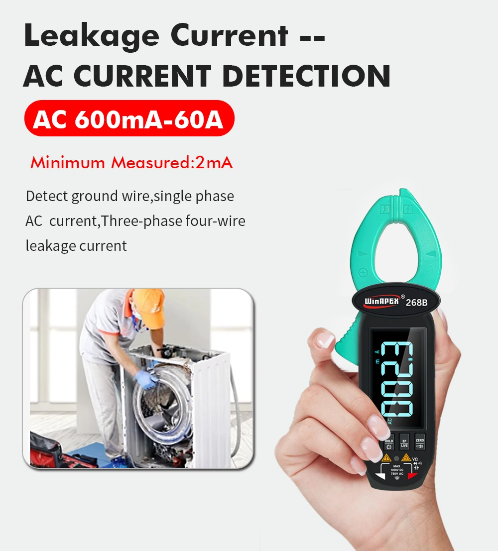 WINAPEX DC AC 0,1 mA Hochpräzises Zangenmessgerät True RMS Digitalmultimeter mit Stromleckerkennung von Haushaltsgeräten – Detail 4