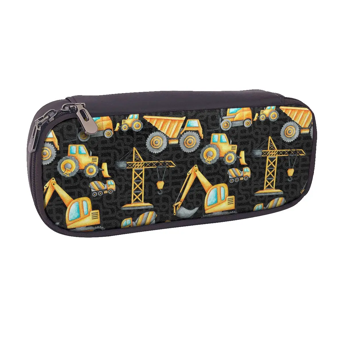 Yellow Construction Trucks Pattern Leather Pencil Case for Kids Gifts Pen Box Pencil Bag Stationery Supplies Pen Holder Bag